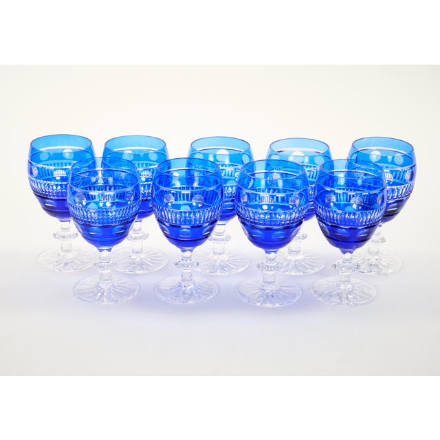 Mid-Century Modern Val Saint Lambert Cobalt Blue Crystal Wine & Water Glasses Service for 9 People For Sale - Image 3 of 11