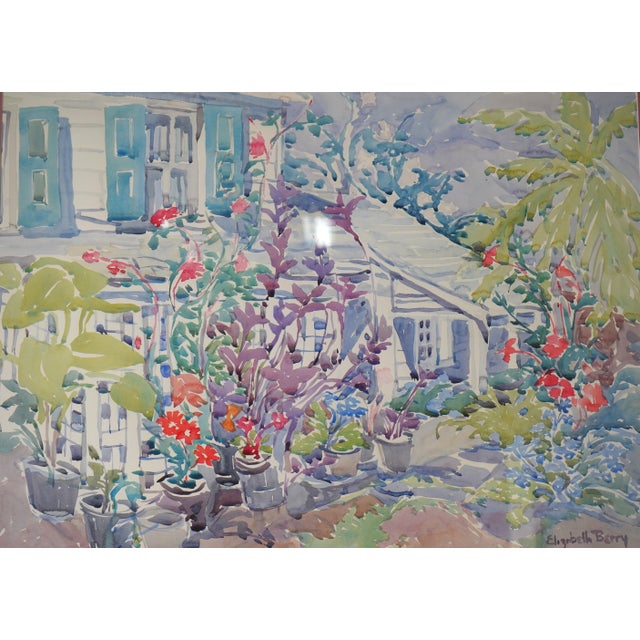 Gold Elizabeth Berry Framed Watercolor of House & Garden - Signed For Sale - Image 8 of 11