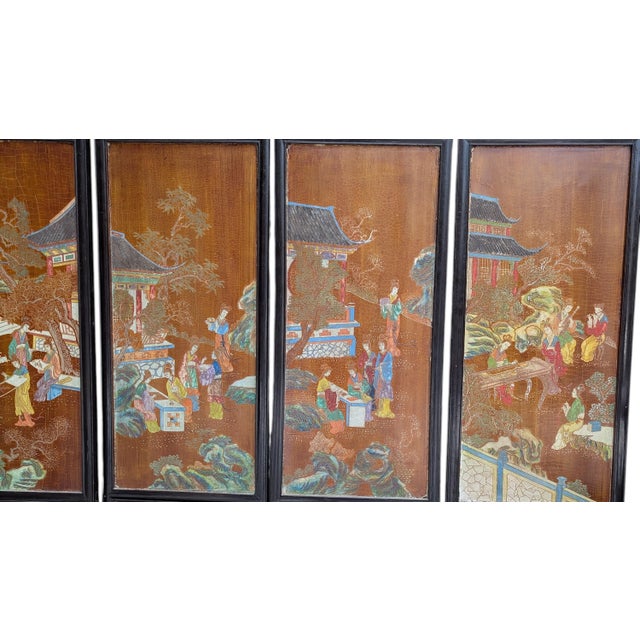 1940s 1940s Chinese Coromandel Four Panel Hand Painted Folding Screen /Partition For Sale - Image 5 of 17