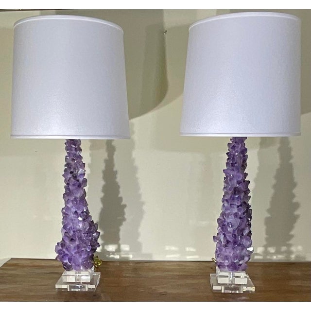 Elevate your interior space with this stunning, one-of-a-kind pair of Amethyst Crystal Table Lamps, expertly handcrafted...