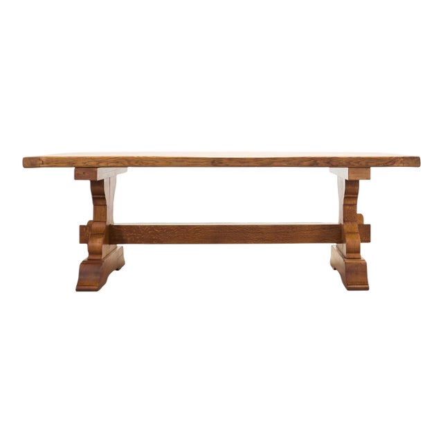 French Provincial Country Oak Trestle Farmhouse Dining Table 7Ft For Sale