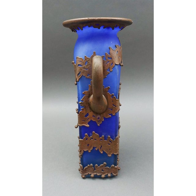 Mid 20th Century Mid 20th Century Anca Podaru Ama Romanian Copper Overlay Handled Art Glass Nouveau Vase For Sale - Image 5 of 9
