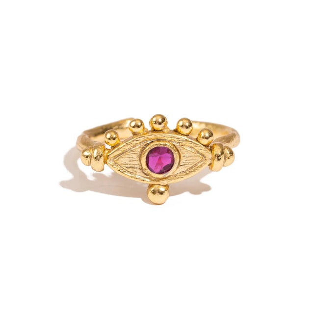 Metal Mystic Ruby Evil Eye Gold Adjustable Band Ring, Size 8 For Sale - Image 7 of 7