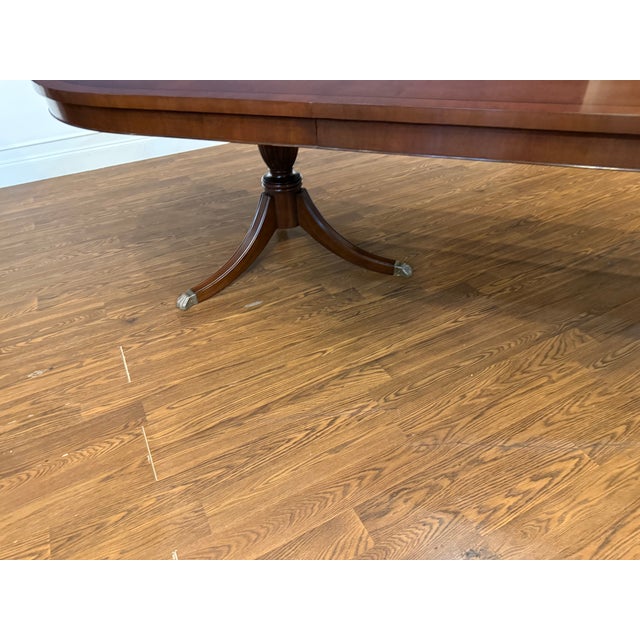 Traditional Oval Banded Mahogany Double Pedestal Dining Table by Leighton Hall - Showroom Sample For Sale - Image 9 of 12