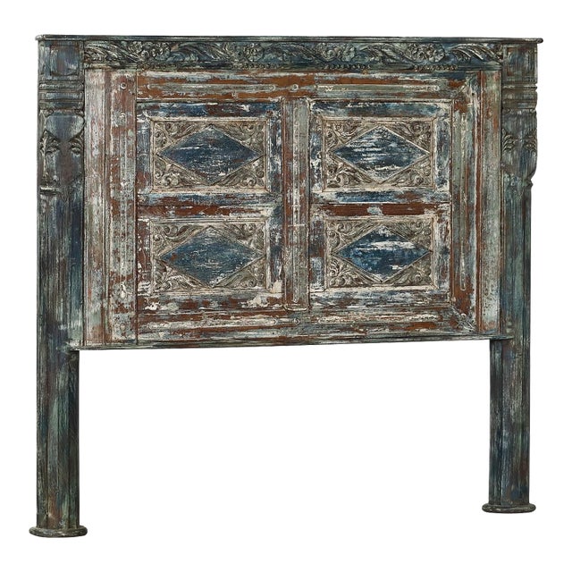 Queen Size Headboard Made From an Antique Indian Painted Teakwood Window and Pillars For Sale