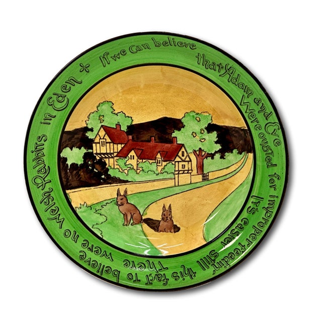 English Set of 3 Antique Ye Olde English Staffordshire Pottery Rabbit Motto Plates - Wall Hanger Brackets Included For Sale - Image 3 of 18