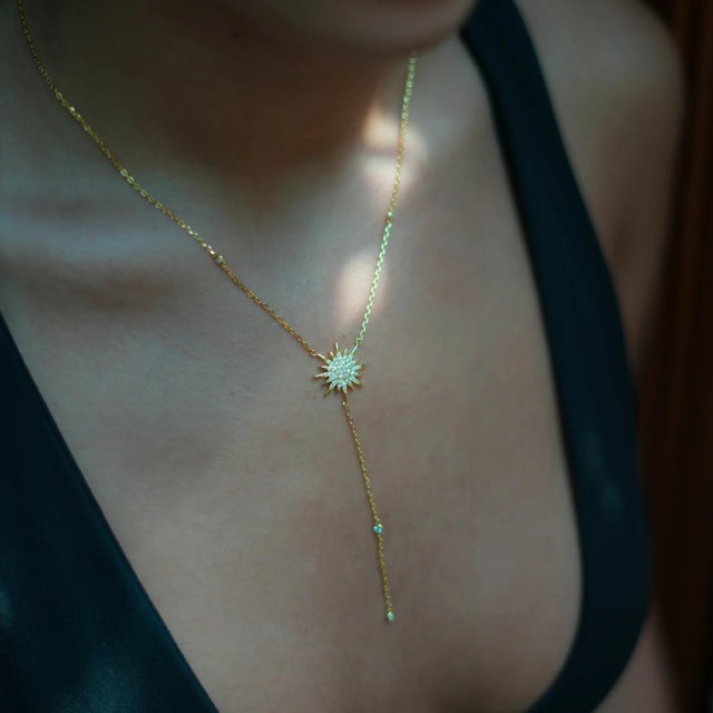 Diamond & Gold Sun Pendant Fashion Design Necklace For Sale - Image 4 of 7