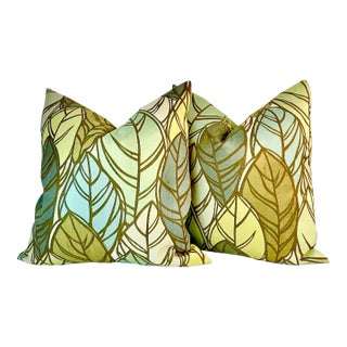 Vintage Coastal Chic Silk-Rayon Tobacco Leaf Feather Down Filled Pillows - A Pair For Sale