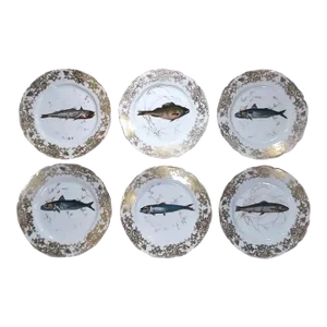 Cfh Gdm Haviland Limoges Fish Plates Hand Painted Set of 6 Gilt-Edge, 1882-1890