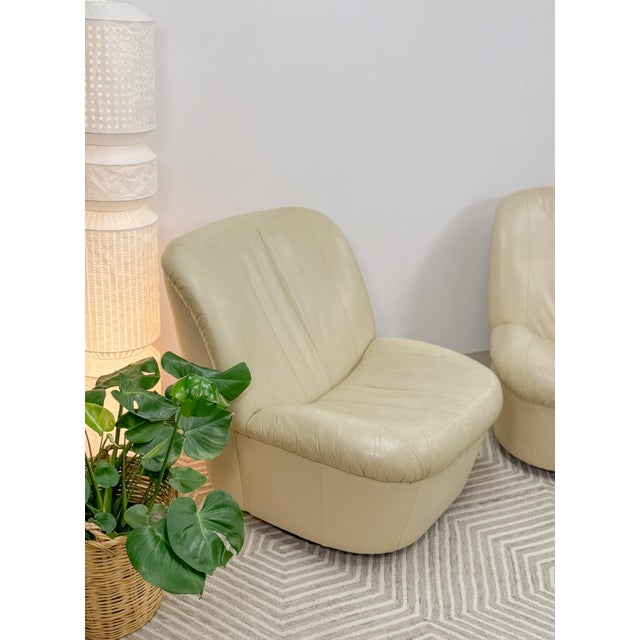 Late 20th Century Vintage Cream Leather MCM Postmodern Swivel Glider Chair Pair 28" Wide For Sale - Image 5 of 15