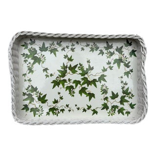 Vintage White Faux Wicker Green Ivy Vine Serving Tray For Sale
