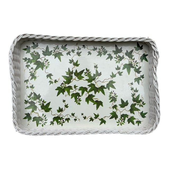 Vintage White Faux Wicker Green Ivy Vine Serving Tray For Sale