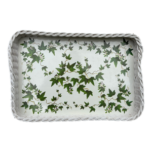 Vintage White Faux Wicker Green Ivy Vine Serving Tray