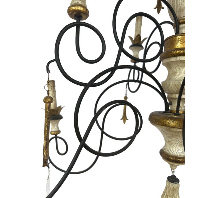 Wood French Country 9-Light Wrought Iron Chandelier With Carved Wood Accents For Sale - Image 7 of 13