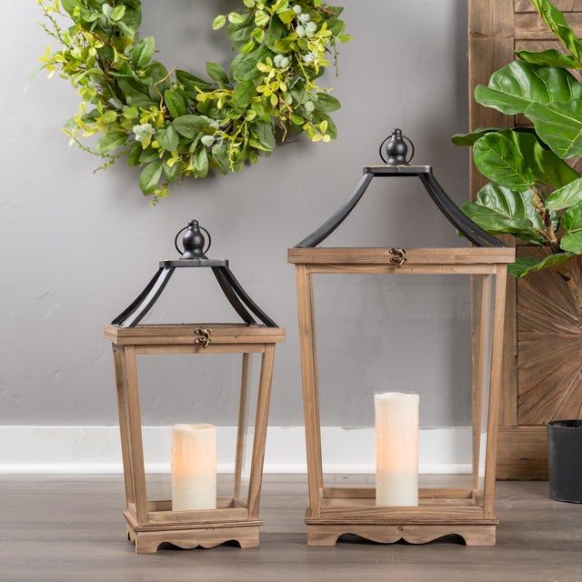 Modern Natural Wooden Lantern with Open Top (Set of 2) For Sale - Image 3 of 7