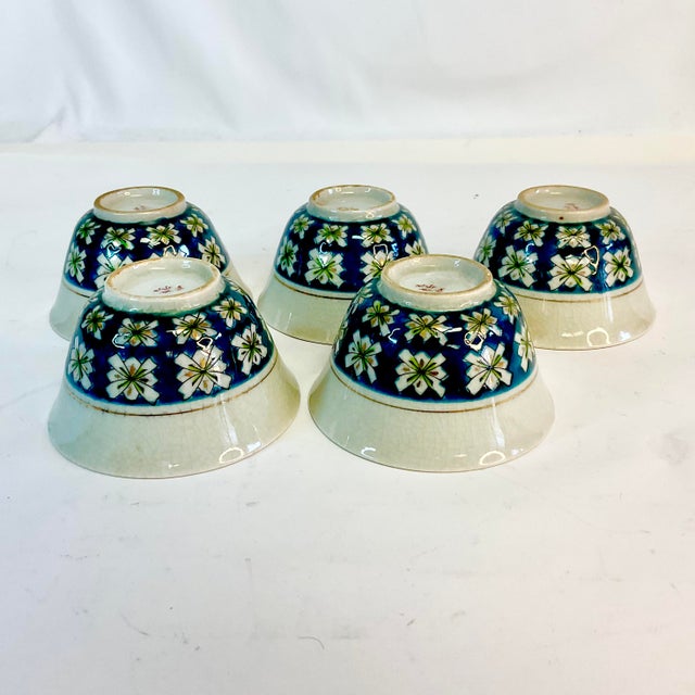 Offering a pretty hand-painted set of 5 sauce cups. These are from Japan and feature a Mid-Century geometric design in...