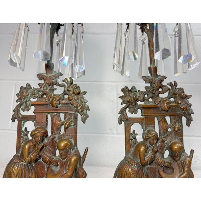 Pair of Antique Ornate Figural Brass Marble Crystal Girandole Candle Holders For Sale In New York - Image 6 of 13