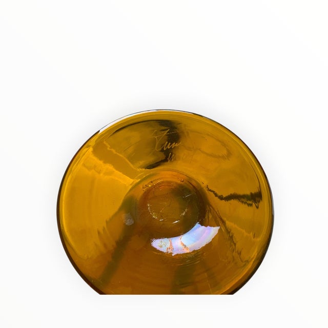 Amber Rick Strini Signed 2004 Hand-Blown Art Glass Vase 11.25" Yellow, Amber & Green Botanical Design For Sale - Image 8 of 8