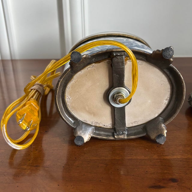 Metal Vintage Blue White Chinoiserie Ginger Jar Porcelain Brass Table Lamps - a Pair For Sale - Image 7 of 7