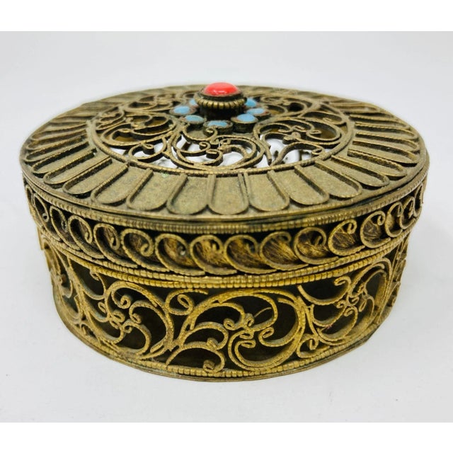 Chinese Collectible Gilt Metal Tibetan Box With Turquoise 1950s For Sale - Image 3 of 5