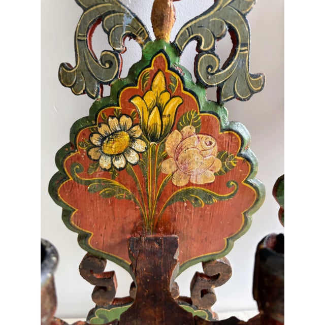 Antique European Hand Painted Wood Folk Art Candle Sconces- a Pair For Sale In San Diego - Image 6 of 17