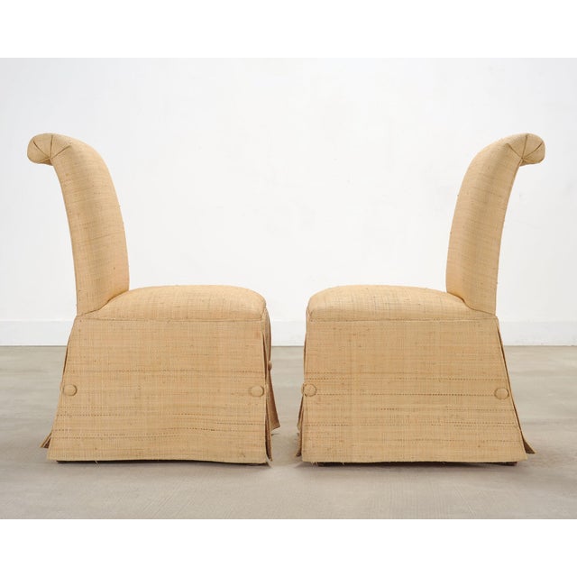 Pair of Skirted Scroll-Back Woven Raffia Slipper Chairs For Sale In Sacramento - Image 6 of 18