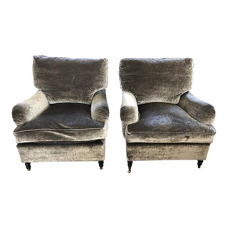 George Smith Style Grey Velvet Mohair Club Chairs- A Pair For Sale