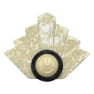 Lea Stein Deco Fan Brooch Pin France Black & White Cellulose Acetate Signed For Sale