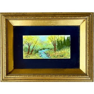 Framed Enamel on Copper Art by Livius Impressionist Style Landscape Children Playing in River, Small Painting. For Sale