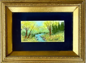 Framed Enamel on Copper Art by Livius Impressionist Style Landscape Children Playing in River, Small Painting.