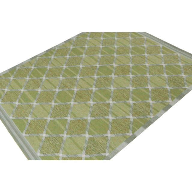 Rug & Kilim Rug & Kilim’s Scandinavian Style Custom Kilim in Green and Gray Lattice Pattern - 12x18 For Sale - Image 4 of 7
