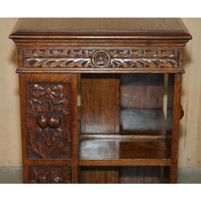 Carved 1880 Antique Victorian English Oak Revolving Bookcase Book Table For Sale - Image 11 of 17