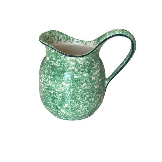 Mid-Century Modern Vintage Stangl Pottery Green & White Spongeware Pitcher, Town & Country Collection, Hand-Painted For Sale - Image 3 of 11