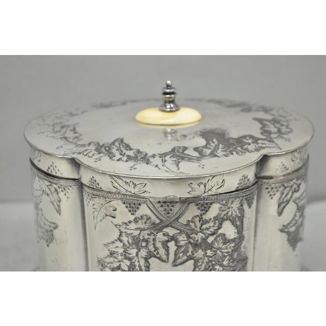 Antique Victorian Silver Plated Etched Footed Hinged Biscuit Barrel Jar on Stand For Sale In Philadelphia - Image 6 of 18