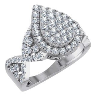 10K White Gold Round Diamond Pear Shape Halo Designer Womens Ring SZ 7 1-3/8 Cttw For Sale