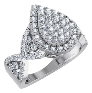 10K White Gold Round Diamond Pear Shape Halo Designer Womens Ring SZ 7 1-3/8 Cttw