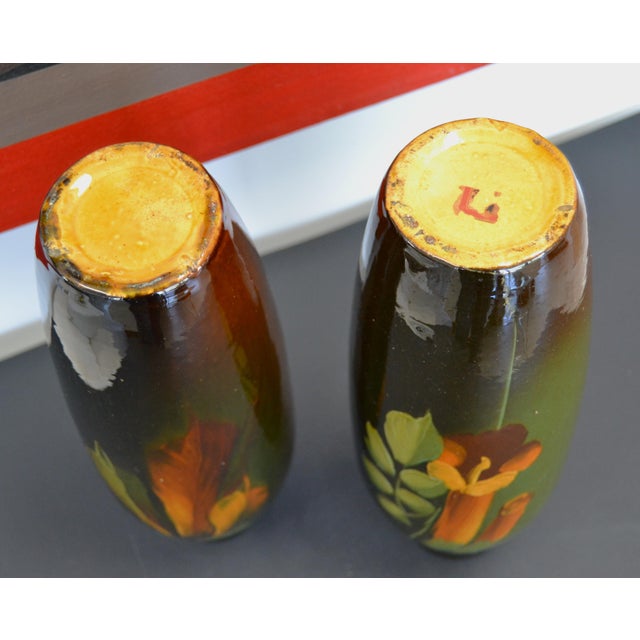 Pair of 1920s Tall Hand Painted Brown Glazed Ceramic Flower Vases For Sale - Image 10 of 12