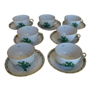 Mid 20th Century Herend Green Chinese Bouquet Tea Cup and Saucer Set- 7 Cups and 7 Saucers