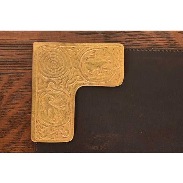 Tiffany Studios Tiffany Studios New York Zodiac Bronze Doré Blotter Corners With Leather Desk Blotter For Sale - Image 4 of 11