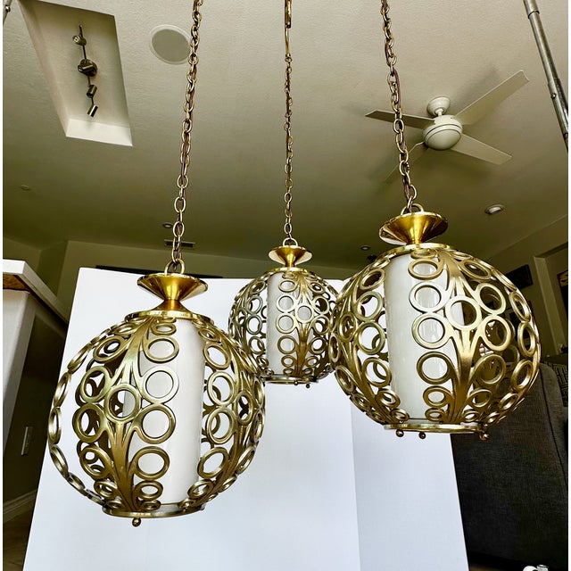 Trio (3) Mid-Century Hollywood Regency Pierced Brass Cluster Pendant Chandelier $4,500 For Sale - Image 10 of 18