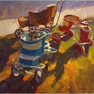 Yard Relics by Ken Valastro | Oil Painting of vintage toys and strollers on grass For Sale