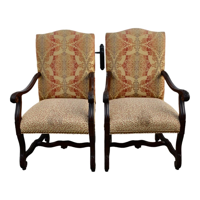 Laneventure Wood Arm Chairs Tudor Style Carved Stretcher Base Vintage Pair For Sale