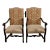 Laneventure Wood Arm Chairs Tudor Style Carved Stretcher Base Vintage Pair For Sale