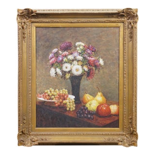 Late 20th Century Asters and Fruit on a Table Oil Painting on Canvas After Henri Fantin Latour 31" For Sale