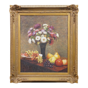 Late 20th Century Asters and Fruit on a Table Oil Painting on Canvas After Henri Fantin Latour 31"