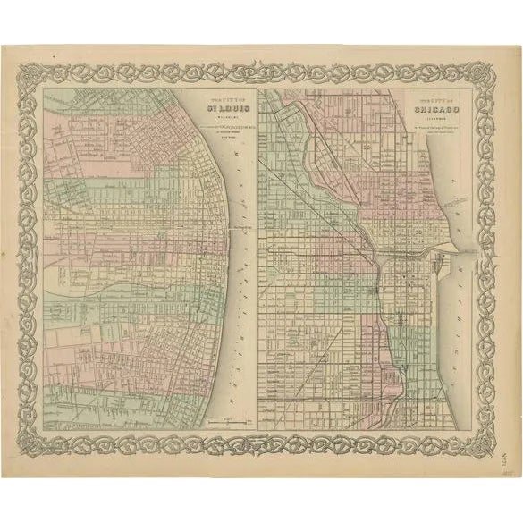 Antique Map of St. Louis and Chicago, 1855 For Sale
