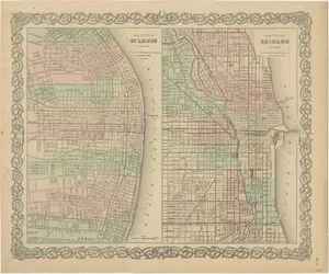 Antique Map of St. Louis and Chicago, 1855