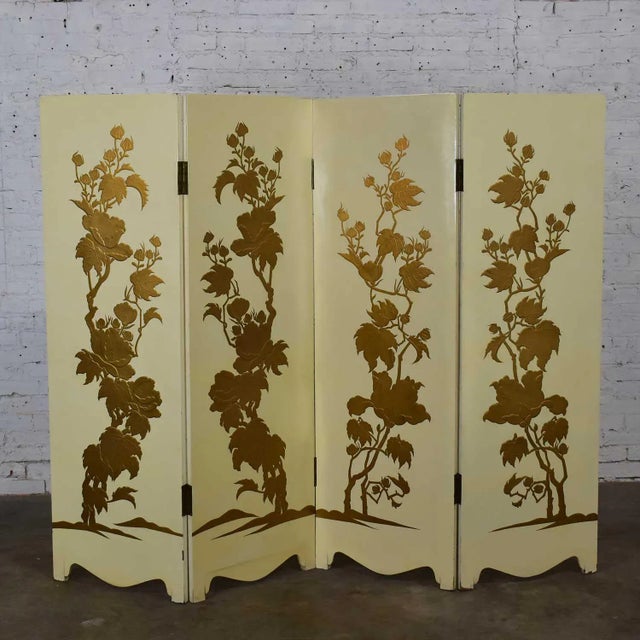 Hollywood Regency to Art Deco Folding Screen Four Panel Painted Off White With Floral Embossed Design For Sale - Image 13 of 13