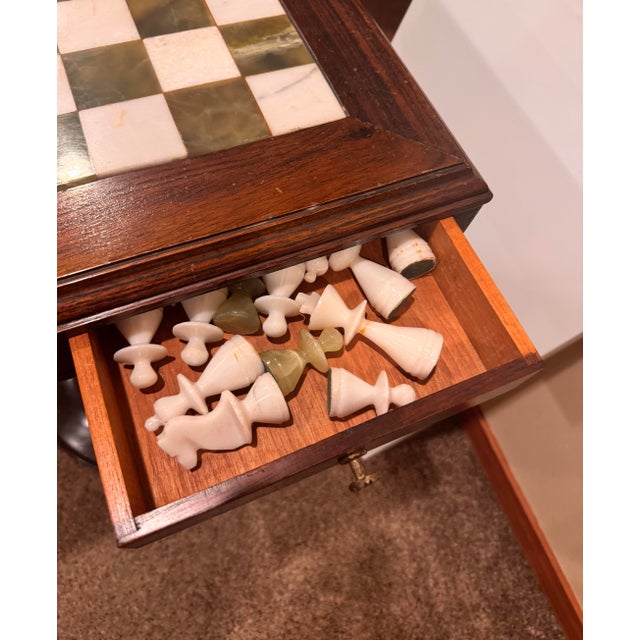 Vintage Argentine Marble & Wood Chess Game Table With Storage Drawers and Original Marble Pieces For Sale In Portland, OR - Image 6 of 12