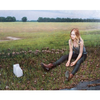 Salt by Cody Erickson | Oil Painting of a girl sitting in a field with a salt block nearby For Sale